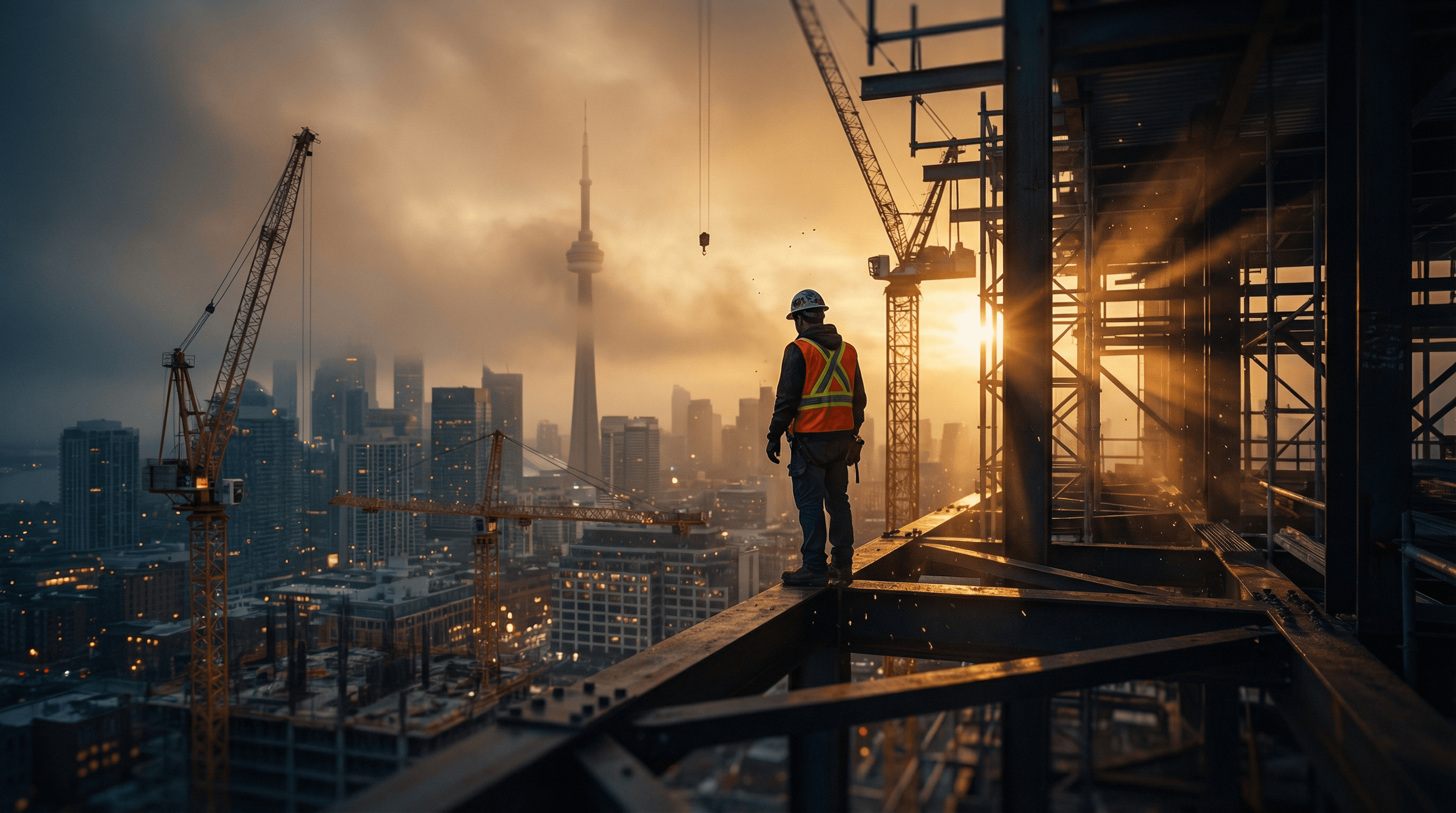 Canadian tradesman on a construction site overlooking the Toronto skyline at dusk